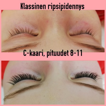 Klassinen ripsipidennys, C-kaari — ennen ja jälkeen -kuva asiakkaan ripsistä
